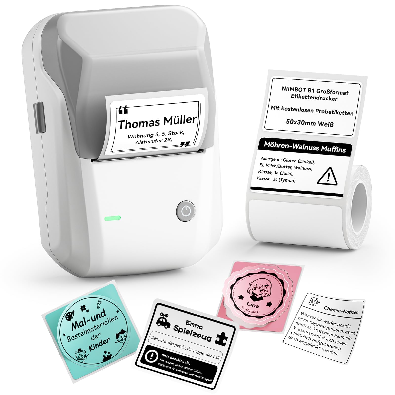 NIIMBOT B1 Etikettendrucker mit Wasserfeste Etiketten Selbstklebend, Tragbarer Beschriftungsgerät Bluetooth Label Printer Aufkleber Drucker für Schulbedarf, Barcode, Logo, Adresse, Grau