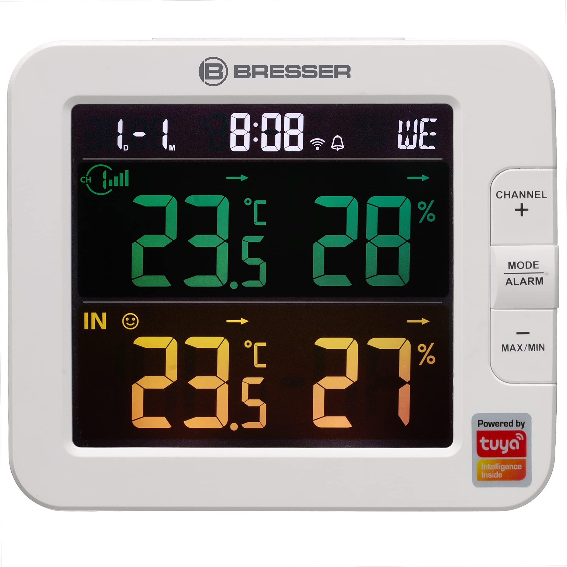 Bresser WLAN Smart Home 7-Kanal Tuya Funk Thermometer-Hygrometer mit Außensensor, mit integriertem Wecker, Weiß | Temperatur und Luftfeuchtigkeitsmesser, Schimmelalarm, Lüftungsempfehlung, Tuya App, WLAN, 150 m Reichweite