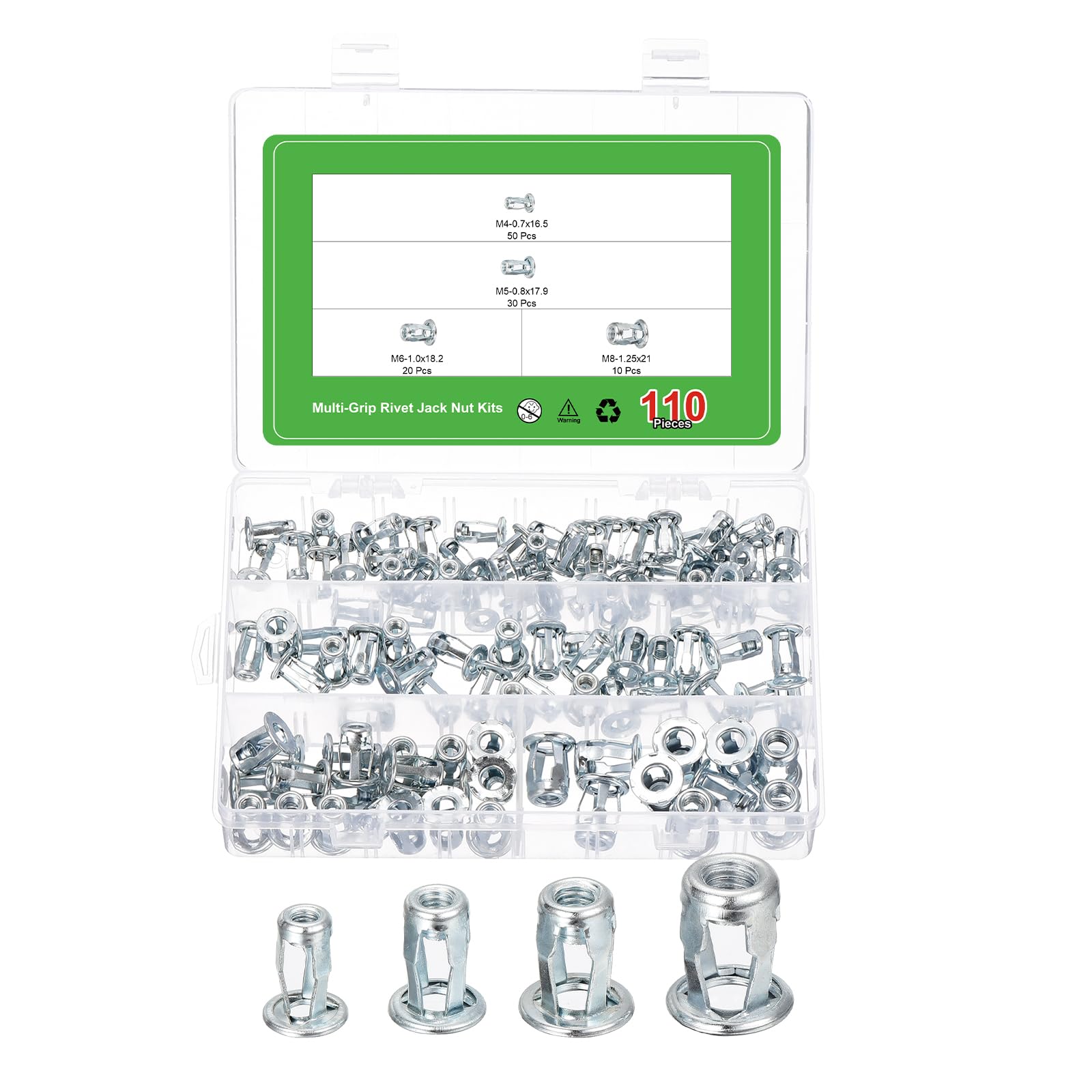 QUARKZMAN 110 Stück Eingebettete Nietmuttern, Vielgreif-Mutter Blindnietmuttern M4-0.7 M5-0.8 M6-1.0 M8-1.25 Blindeniet Für Kunststoff Pressspan Hartfaserplatte Türanker Stahlrohr