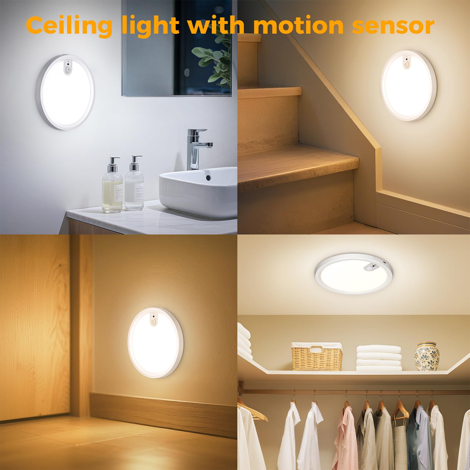 plafon con sensor de movimiento, batería recargable de 7000mAh, 3 temperaturas de color, regulable en brillo, con control remoto con temporizador, adecuada para baños, pasillos, garajes（1 pcs）