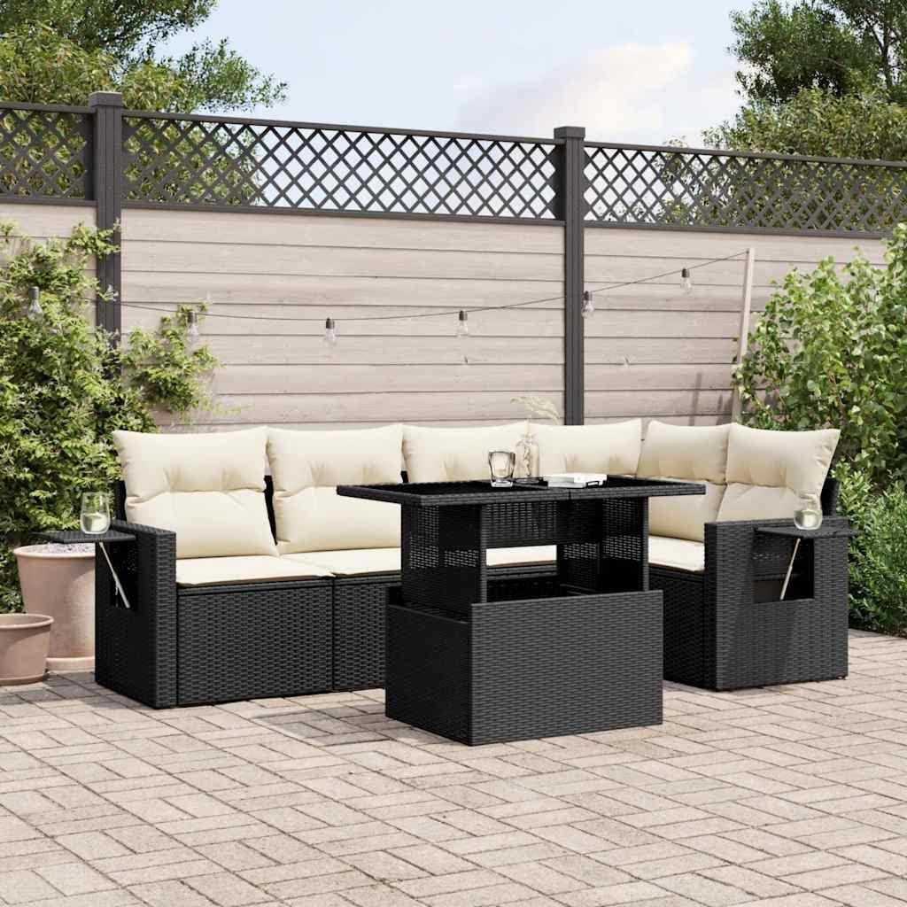 6 Piece Black Poly Rattan Garden Sofa Set with Cushions, Adjustable Tabletop and Foldable Side Tables for Patio, Durable PE Rattan Outdoor Furniture Set with Modular Design