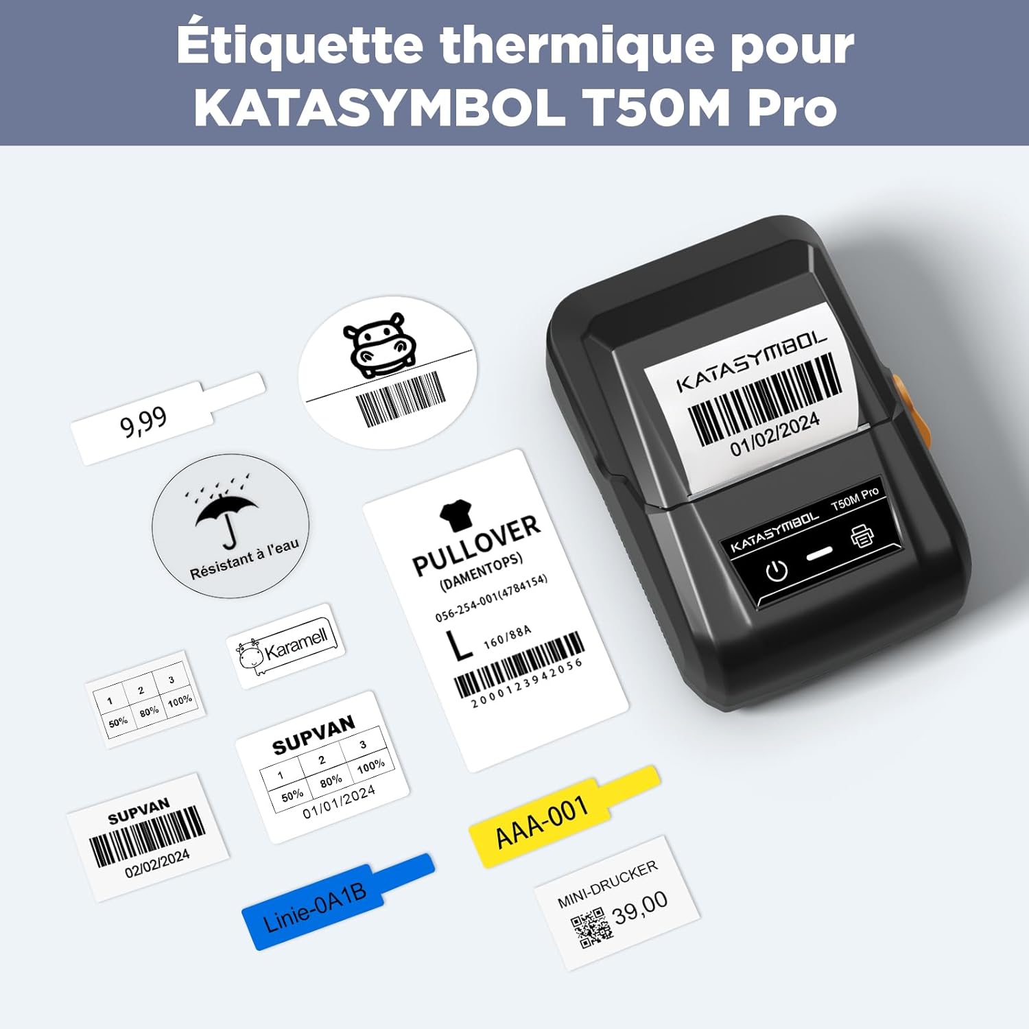 A SUPVAN T50M Pro label printer with various printed labels around it, demonstrating different label types and sizes.