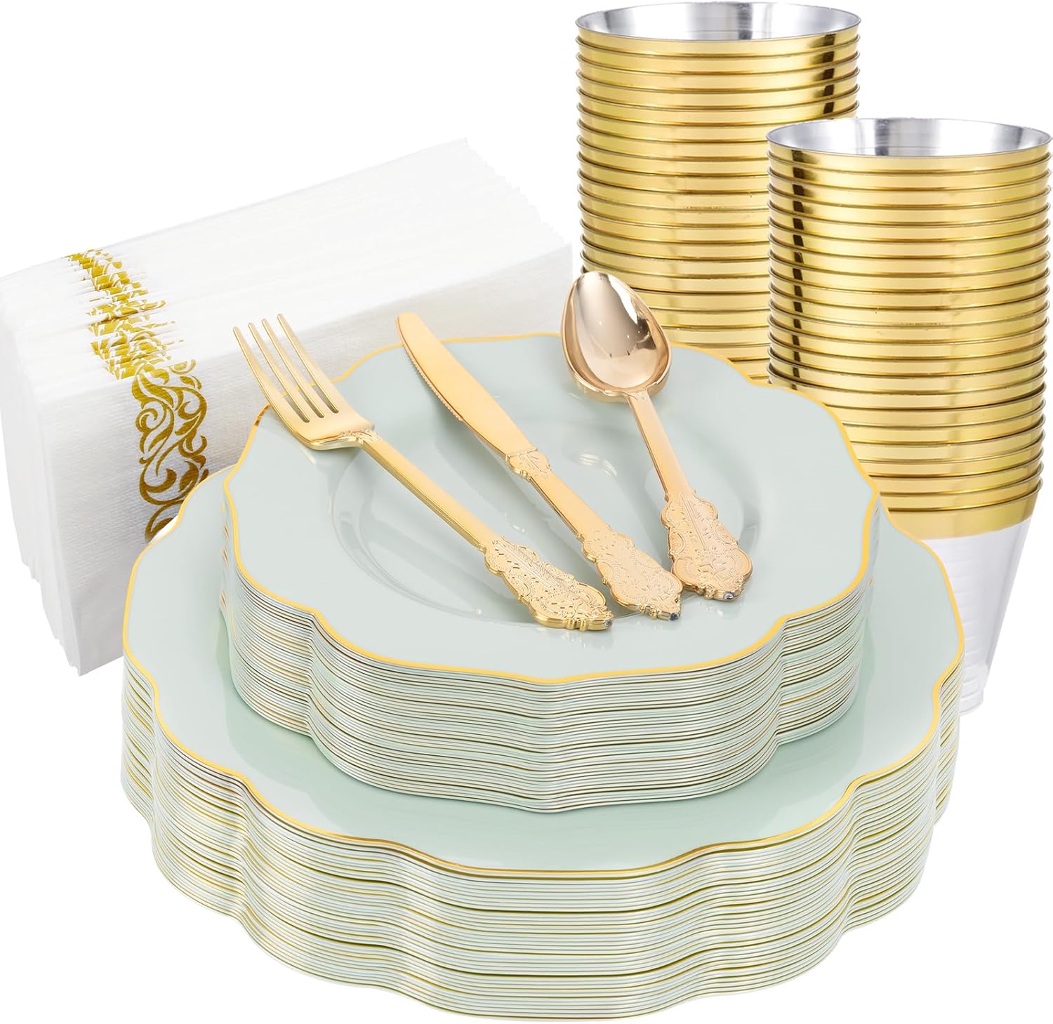 NOCCUR 175PCS Sage Green Plastic Plates with Gold Disposable Silverware - Include 50 Green and Gold Plastic Plates,25 Knives,25 Forks,25 Spoons,25 Cups and 25 Napkins - Ideal for Wedding/Spring Party
