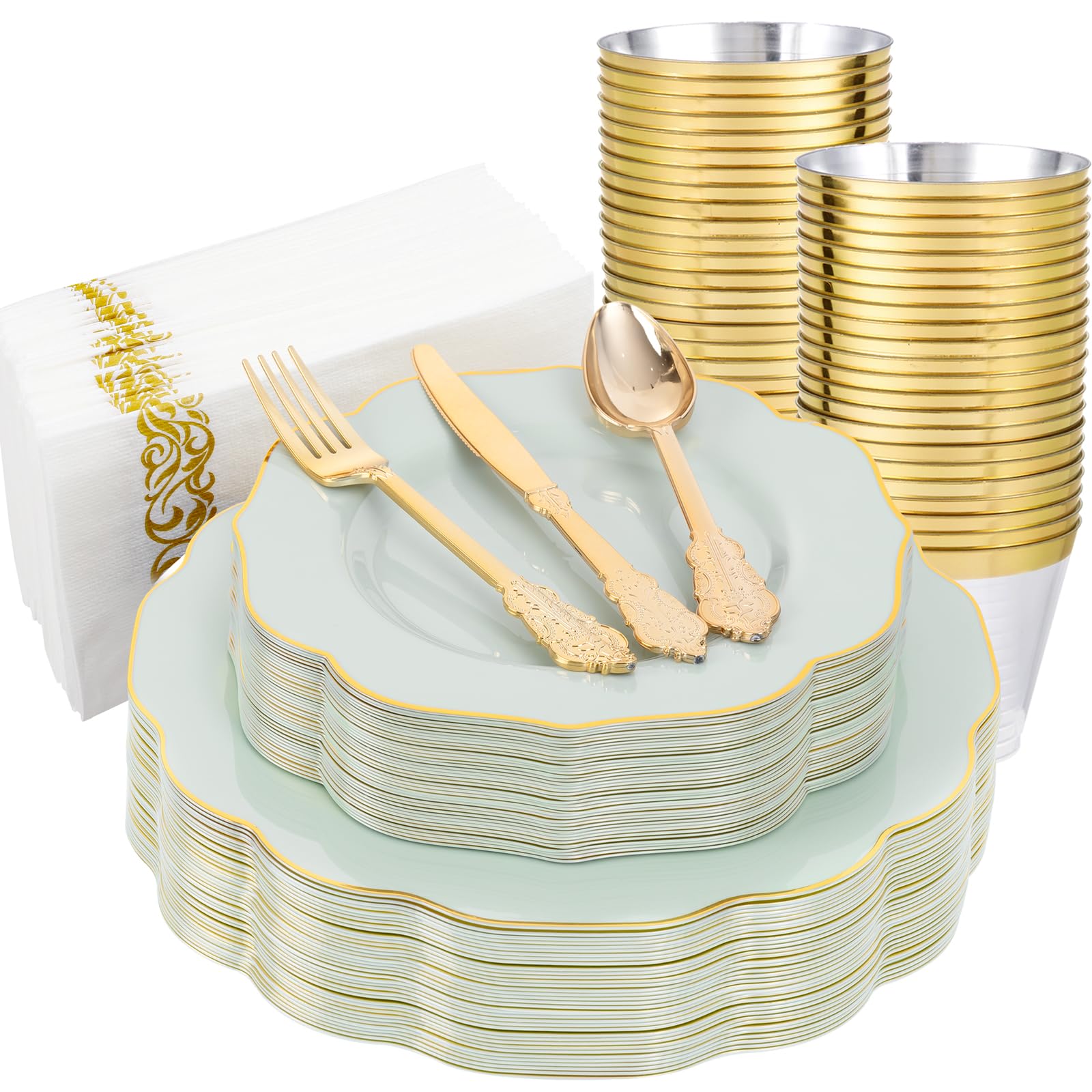 Photo 1 of NOCCUR 175-Piece Sage Green Plastic Plates with Gold Cutlery Set