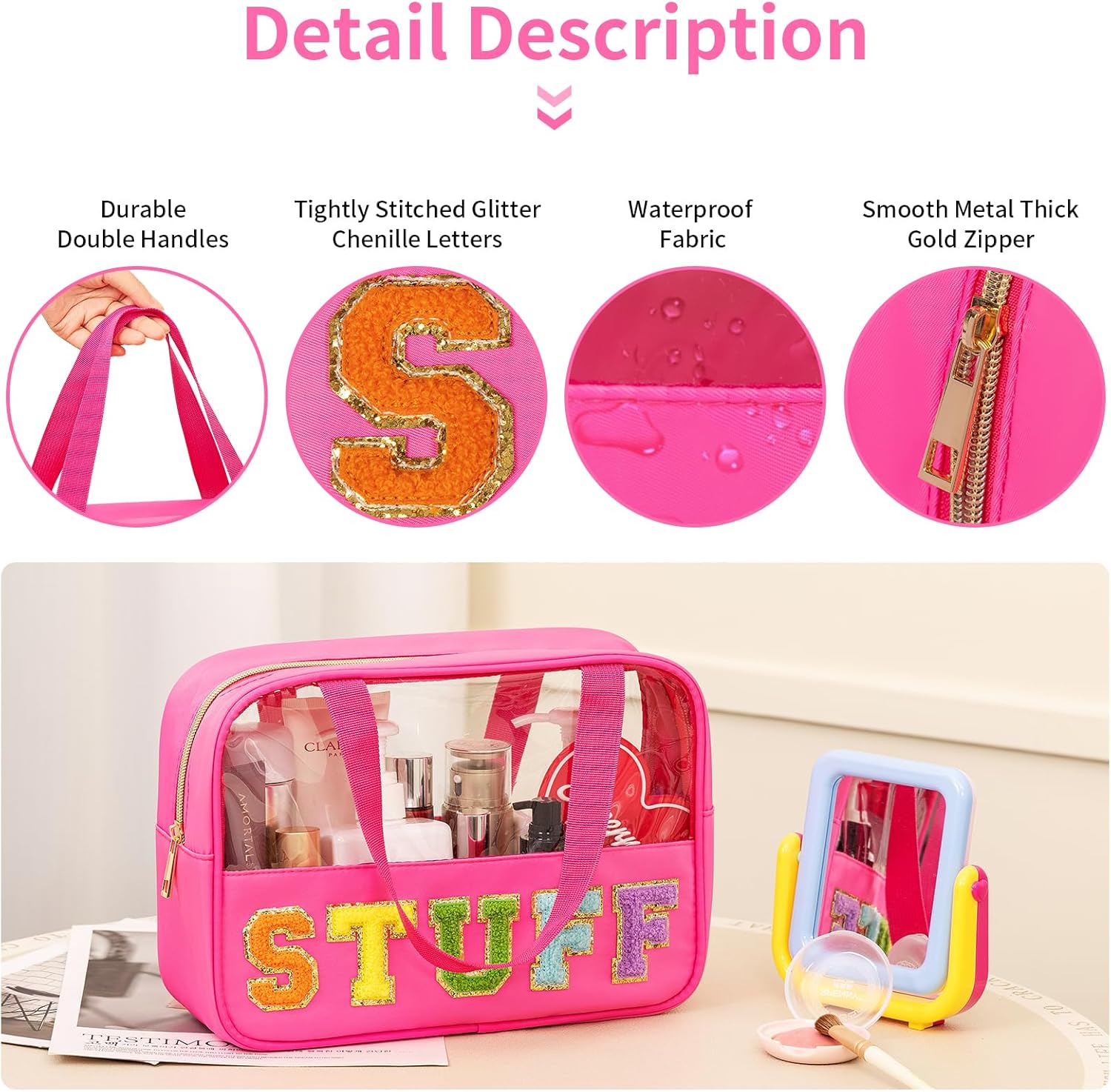 eurovicky Chenille Letter Patch Clear Makeup Bag, Preppy PVC&Nylon Makeup Bag with Handle and Zipper, Waterproof Large Clear Travel Toiletry Bag Storage Bag for Women - Image 3