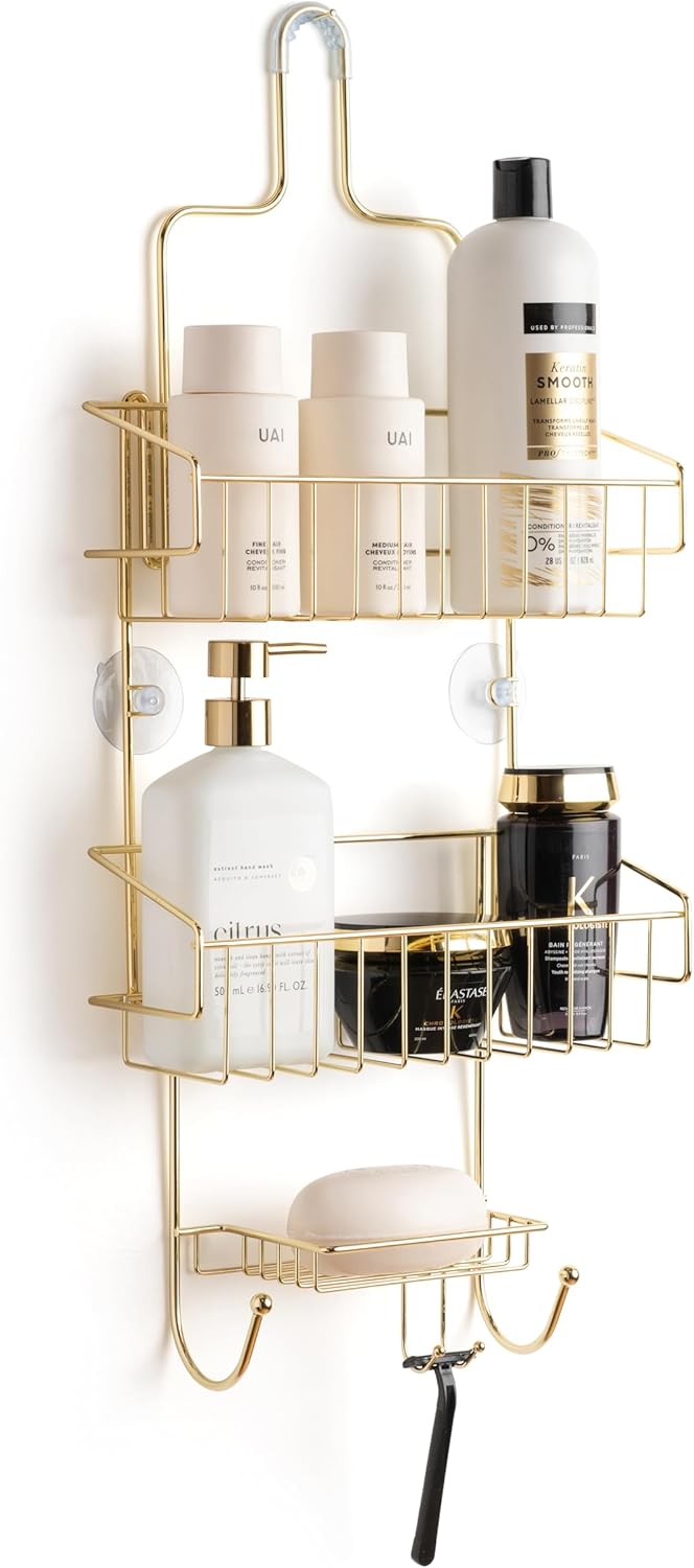 Large Iron Gold Shower Caddy – No Drilling Required – Two-Tier Storage – Razor & Loofah Holders – FINAL INVENTORY - NO RESTOCK