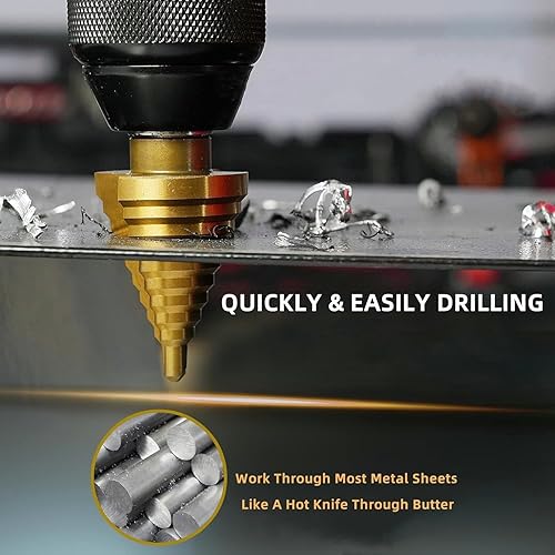 Miniatura 7 de Juego de 5 brocas escalonadas con punzón central automático, brocas de acero de titanio HSS de alta velocidad, 50 tamaños para metal, aluminio,