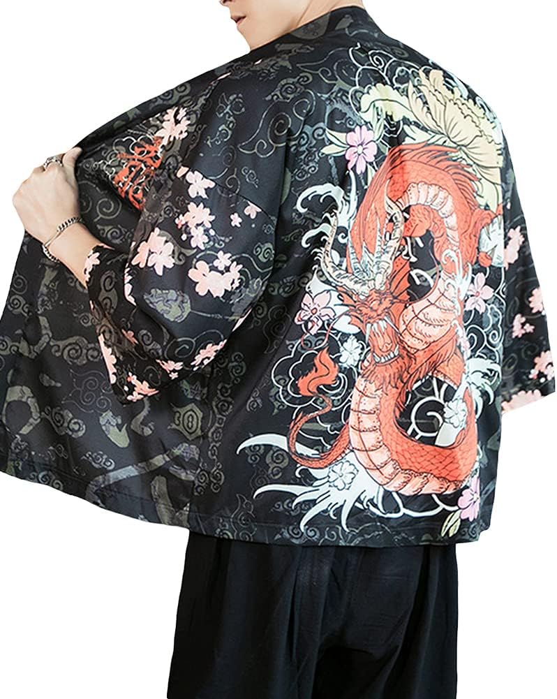 Men's Kimono Cardigan Jacket Japanese Style Flying Crane Seven Sleeves Open Front Coat