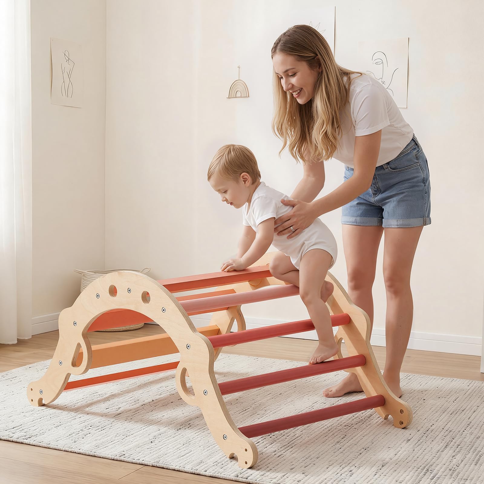 VEVOR Kletterdreieck, 9-in-1 Kletterspielzeug, mit Holzautos, Kissen, Kletterdreieck, Rutsche & Kletterbogen, bis 68 kg, Montessori Indoor Spielset für Kinder im Alter von 1 bis 3 Jahren, Orange