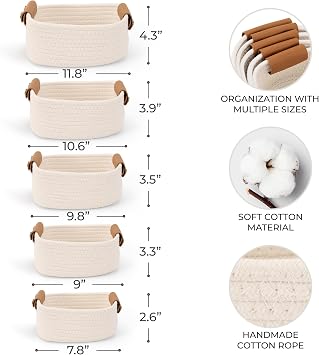 Beautiful Storage Basket Set of 5 - Sturdy Cotton Rope Baskets for Shelves