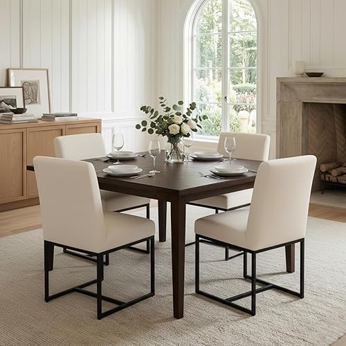 CIMOTA Juego de 4 sillas de comedor modernas de lino, sillas de comedor de mediados de siglo, sillas laterales tapizadas de tela sin brazos con base