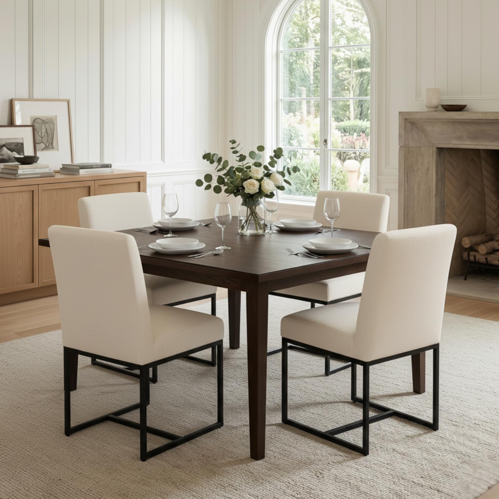 CIMOTA Modern Linen Dining Chair Set of 4, Mid Century Dining Room Chairs Fabric Upholstered Armless Side Chair with Black Sled Base for Dining Room,