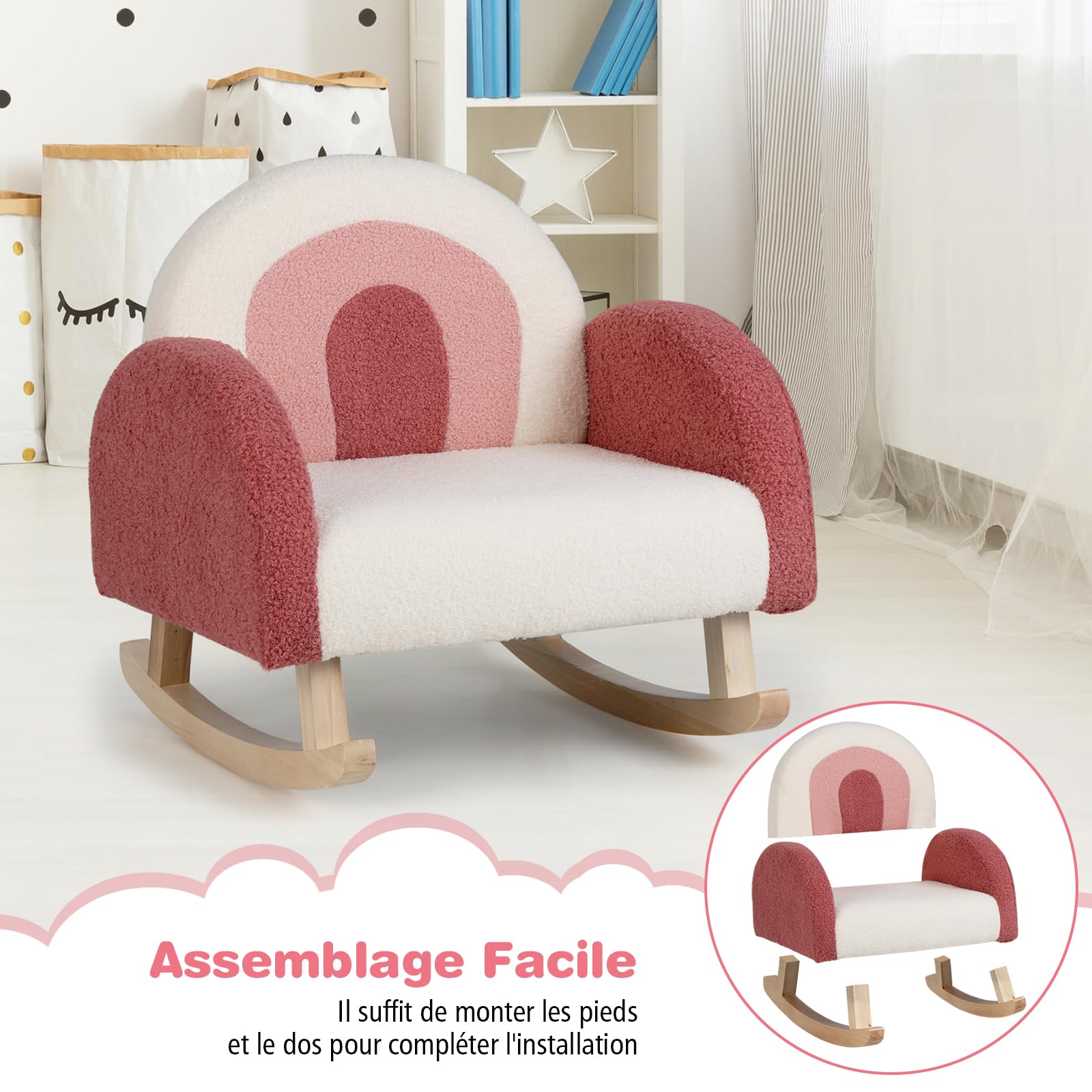 DREAMADE Fauteuil à Bascule Rembourré Enfant 3-5 Ans, Canapé d'Appoint en Velours Teddy avec Dossier Élargi, Pieds en Bois Massif, Anti-basculement, pour Salle de Jeux, Chambre, Salon (Rouge)