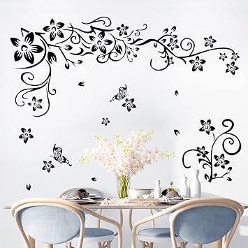 LiveGallery Removable Black Vinyl Flowers Wall Decals DIY Flower Vines and Butterfly Wall Stickers Decor Peel Stick Art Decoration for Teens Room Baby Girls Bedroom Living Room Home Wall Corner