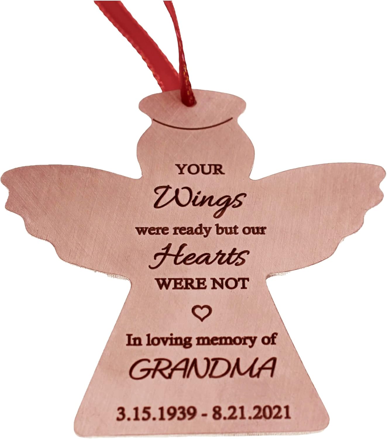 Personalized Memorial Angel Ornament, In Loving Memory Always in Our Hearts Engraved Remembrance Keepsake for Christmas Tree, Loss of Loved Family Member (Copper)