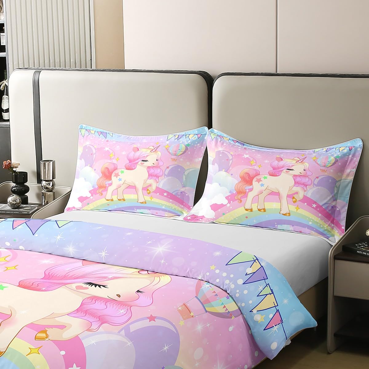 Homemissing Licorne Housse De Couette 140x200cm 100% Coton Kawaii Mignon Rainbow Licorne Housse De Couette Cheval Literie Enfants Galaxie Étoiles Magique Rose Animaux Parure Lit
