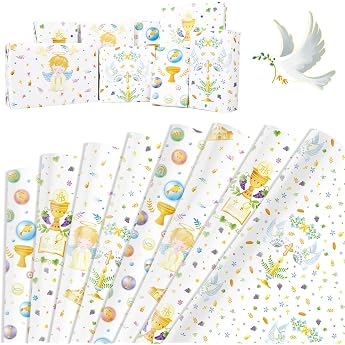 DPKOW 8 Sheets Communion Christening Wrapping Paper Angel Doves Fish DIY Wrapping Paper First Communion Birth Confirmation Wrapping Paper Sheets Wedding Christmas Congratulations for Gift Wrapping 70 x 50 cm