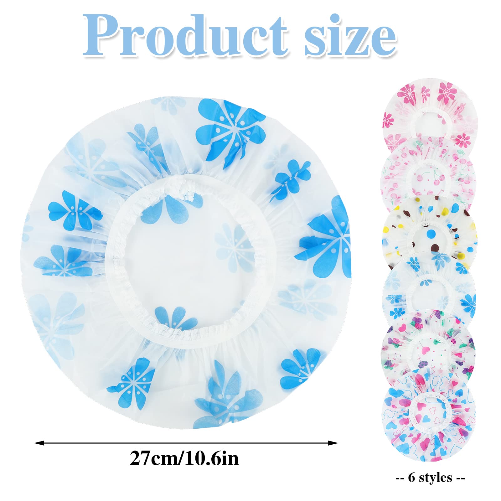 6 Pcs Shower Caps, Waterproof Bath Caps Plastic Reusable Shower Caps Elastic Band Bath Hair Caps for Women Kids