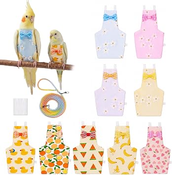 9 Pcs Reusable Bird Diaper, Cute Parrot Flight Suit with Leash & Diaper Pads, Washable Bird Nappy Clothes with Adjustable Straps for Cockatiel, Sun Conure, Green Cheek & Medium ParrotsSize M