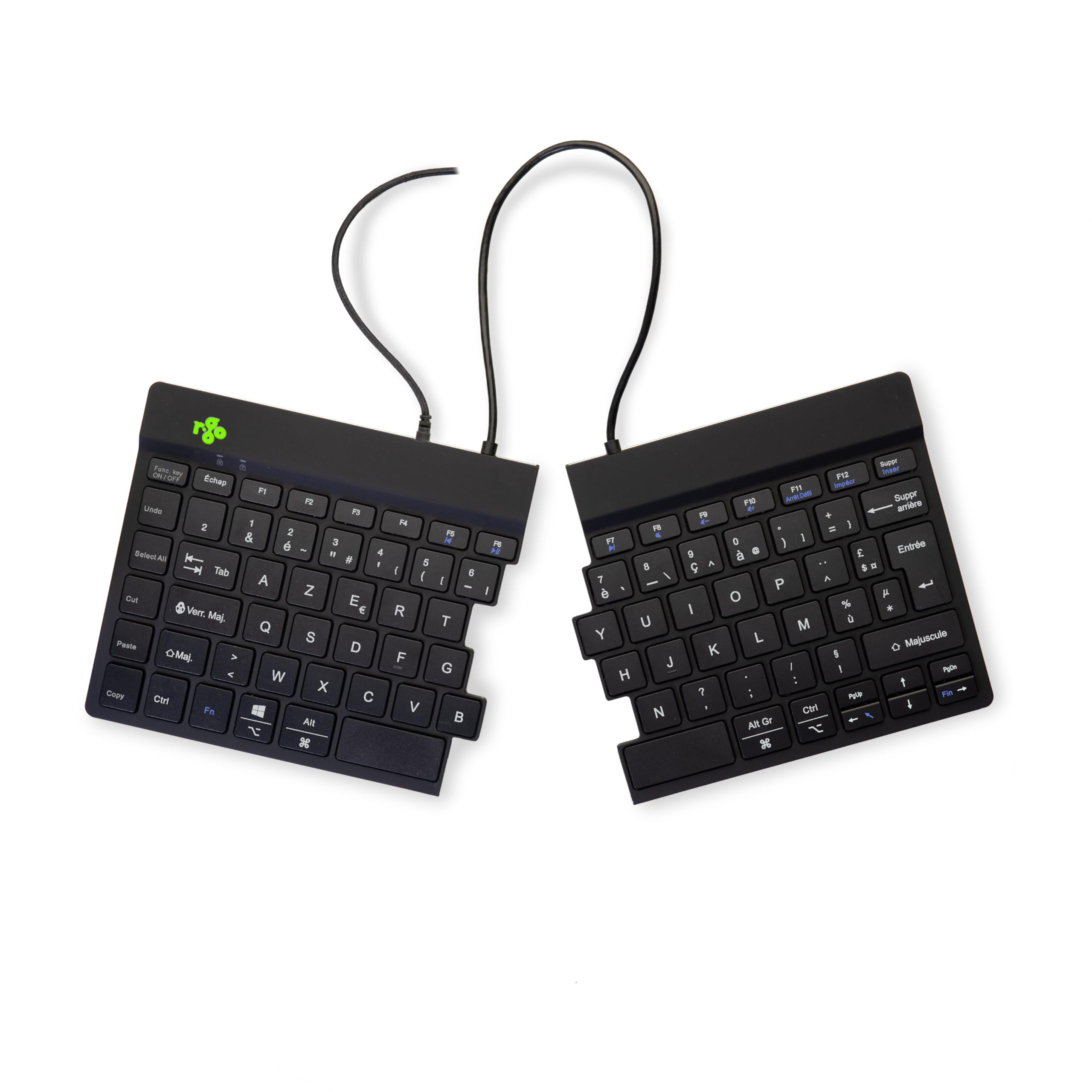 R-Go Clavier Ergonomique Filaire, avec indicateur de Pause, Deux Parties, Clavier séparé, Split Keyboard, Clavier français AZERTY, USB-C/A, Compatible avec Windows/MacOS, Noir, Version 2