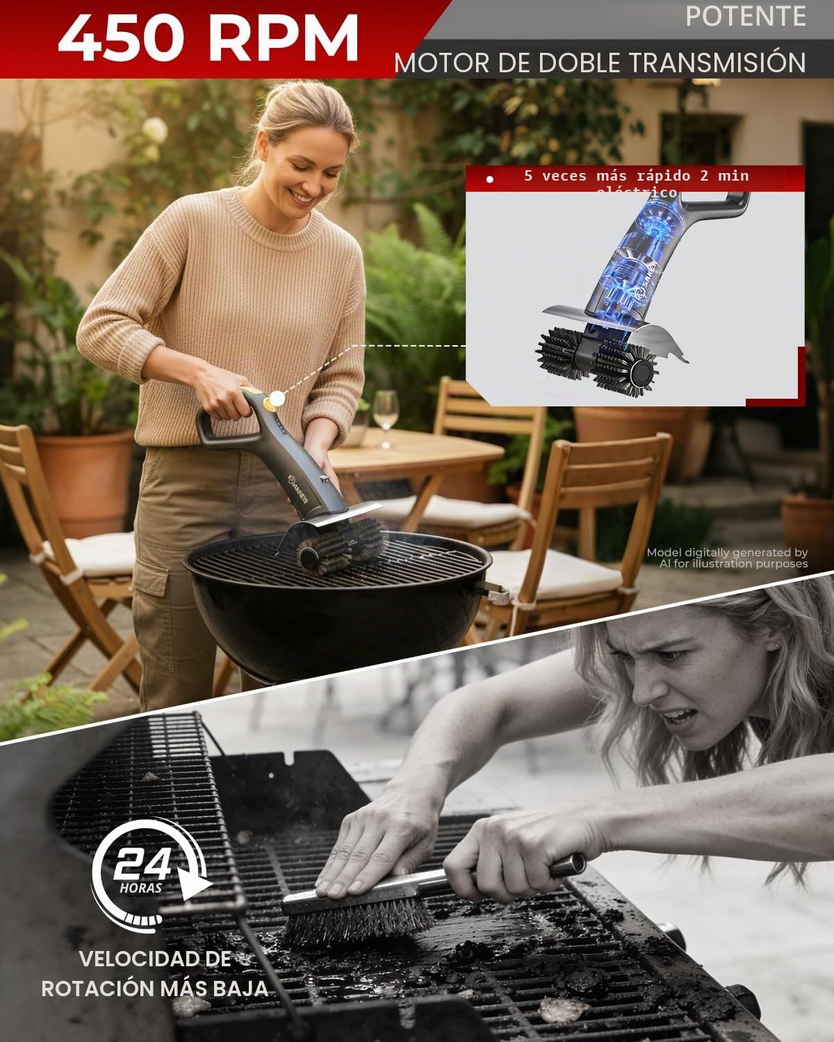 Cepillo de parrilla eléctrico Saker con 450 RPM y luz LED | Cepillo de limpieza de parrilla sin enredos con rodillo duradero | Kit completo de cepillo de 8 piezas y almohadilla de fregado | Regalo
