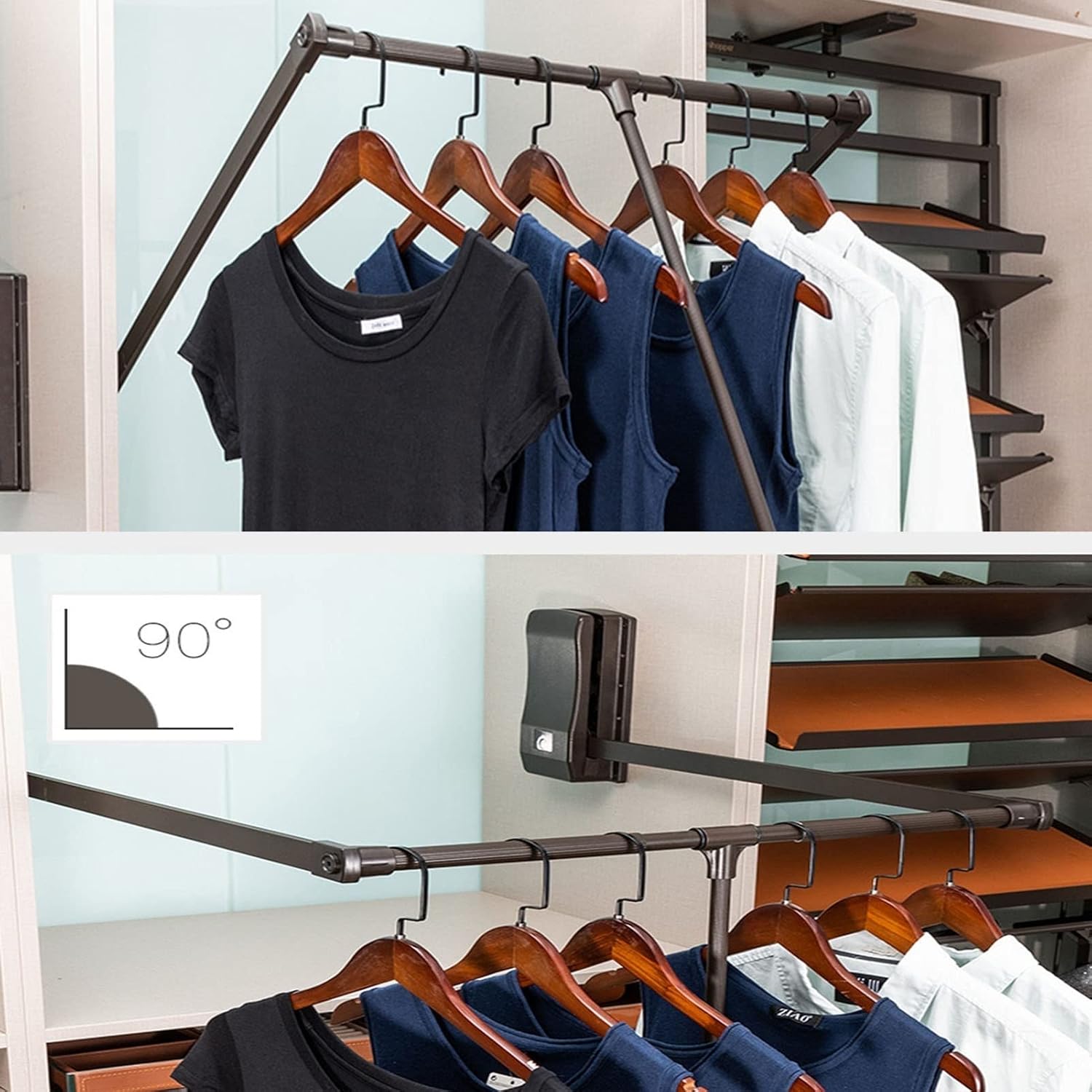 Adjustable 45-115cm Pull Down Wardrobe Rail, Retractable Aluminium Closet Rod Organizer, Space-Saving Lift Hanger System with Soft Return for Efficient Storage (60-83 c