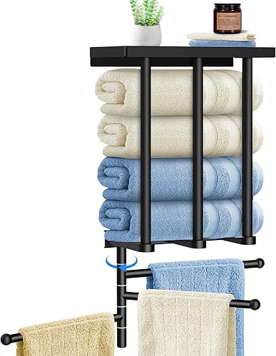 Kayfia Toalleros para baño con barra de toalla giratoria de rotación de 180, almacenamiento de toallas con estante de metal, toallero montado en la