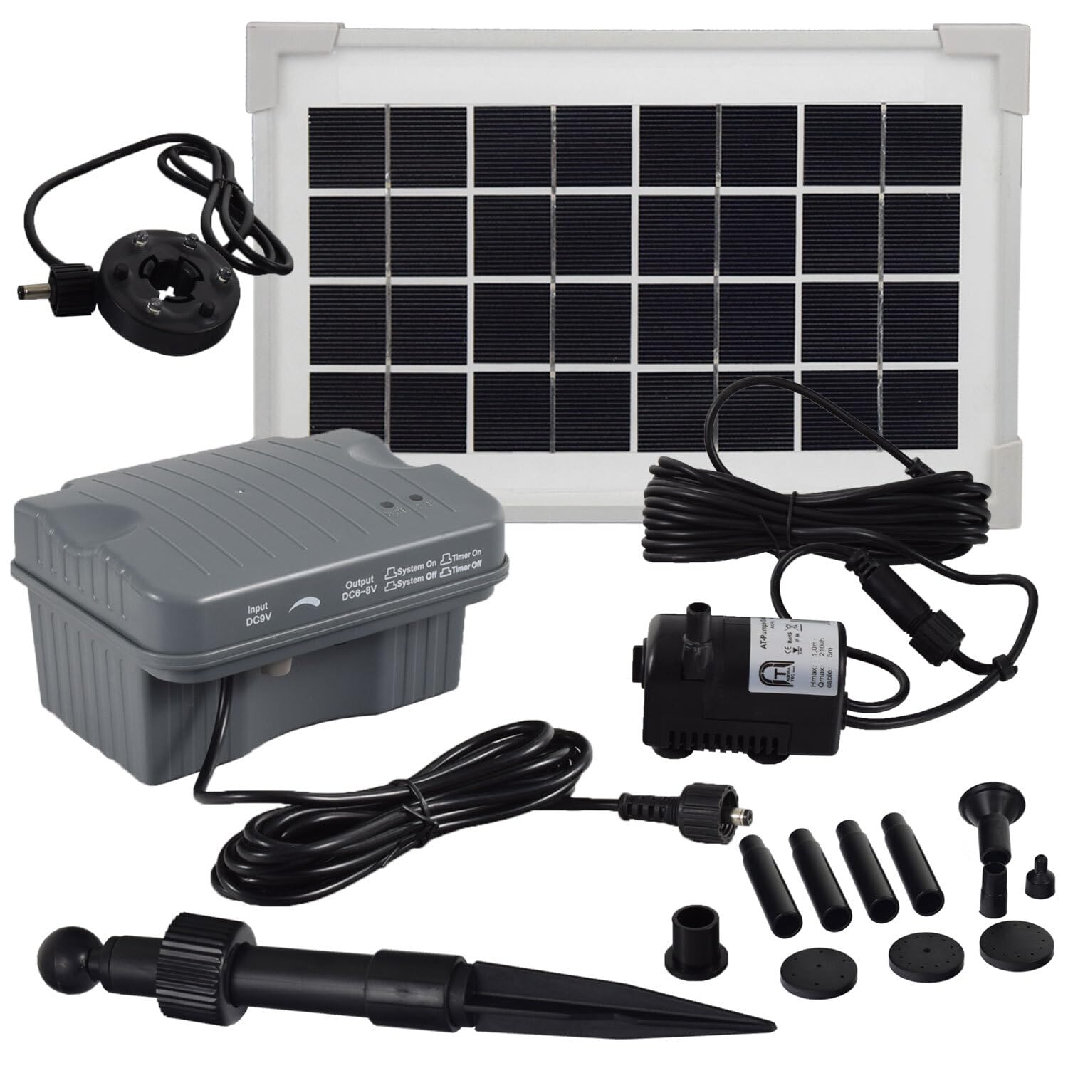Agora-Tec® Solar Teichpumpe Set 3,5W beleuchtet Li-Akku & 3-fach LED Ring | Lithium-Ionen Akku 6,4V 3Ah | 210l/h Fördermenge | 0,80m Fontainenhöhe | inkl. Dämmerungssensor