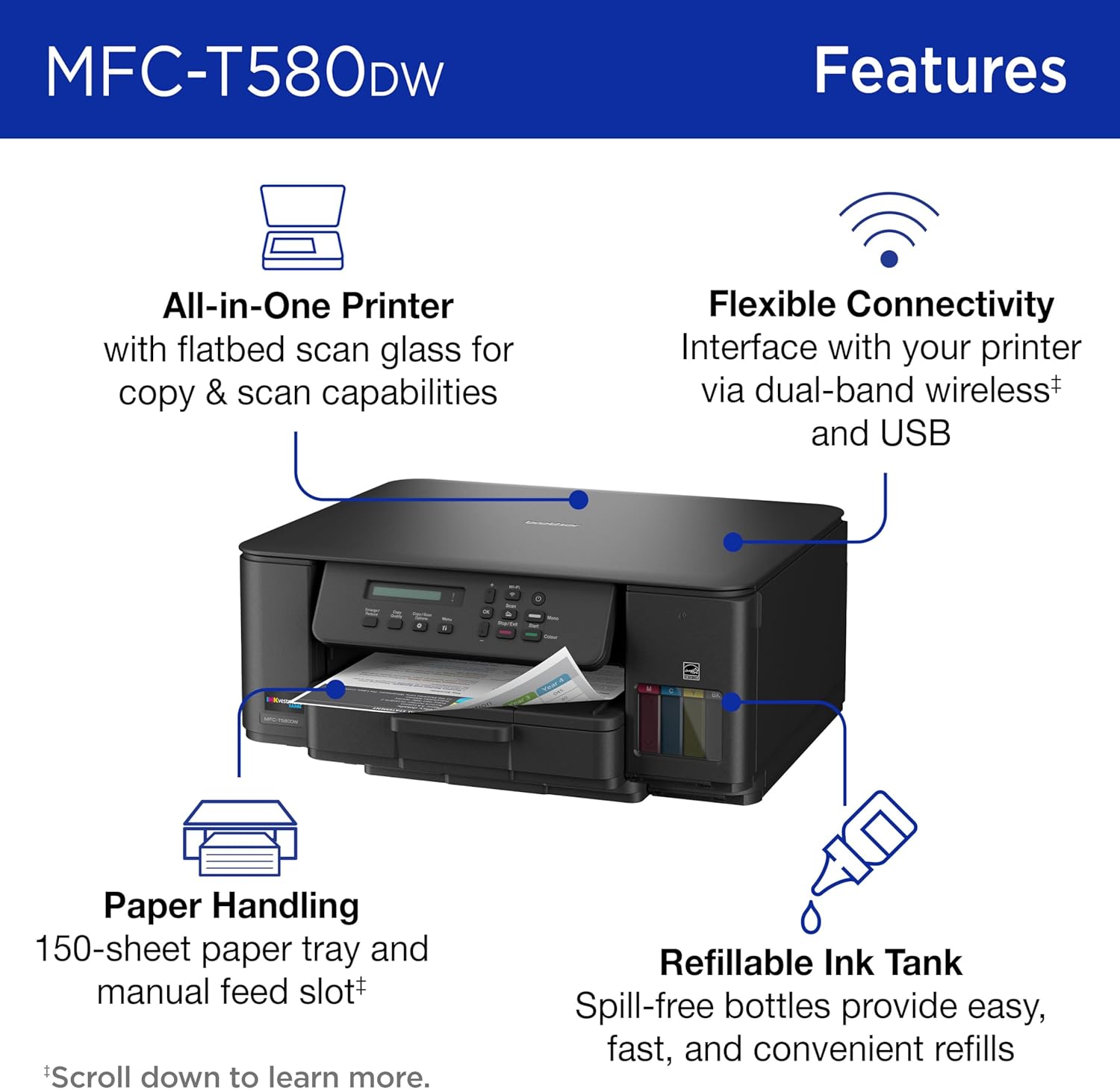 Brother INKvestment Tank 580 Wireless Color Inkjet All-in-One Printer | Includes up to 3 Years of Ink in-Box(1) and 3-Year Limited Warranty(2) (MFC-T580DW)
