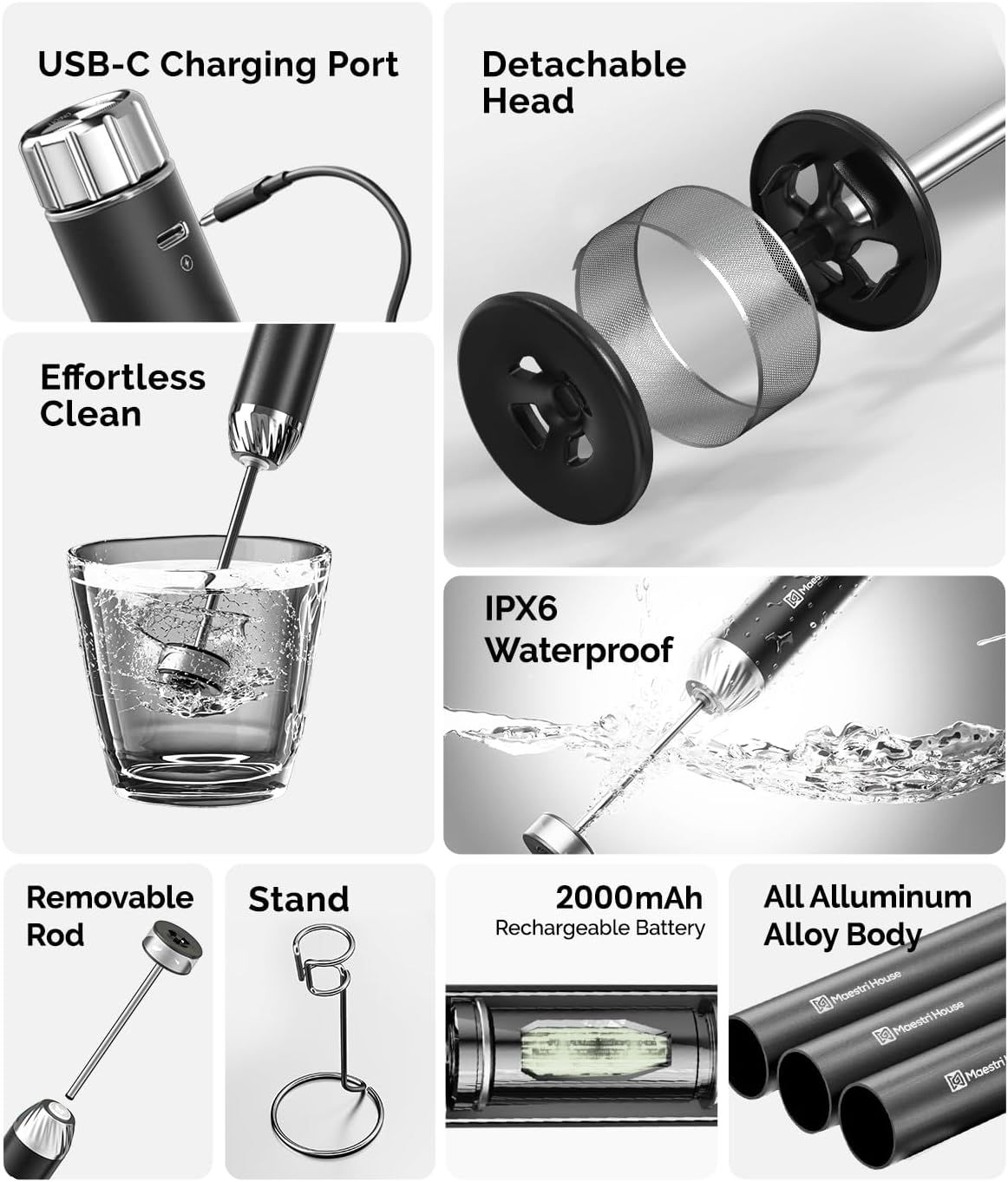 Maestri House Barista-Grade Milk Frother, LunaFro Art Rechargeable Handheld Frother with Stepless Speed Control, Silicone Dot-Pad with IPX6 Waterproof, Latte Art-Level Microfoam for Latte & Flat White