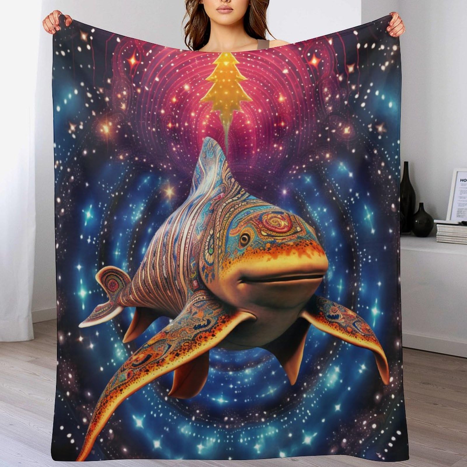 Couverture requin-baleine 3D en flanelle de luxe pour lit de 150x200cm