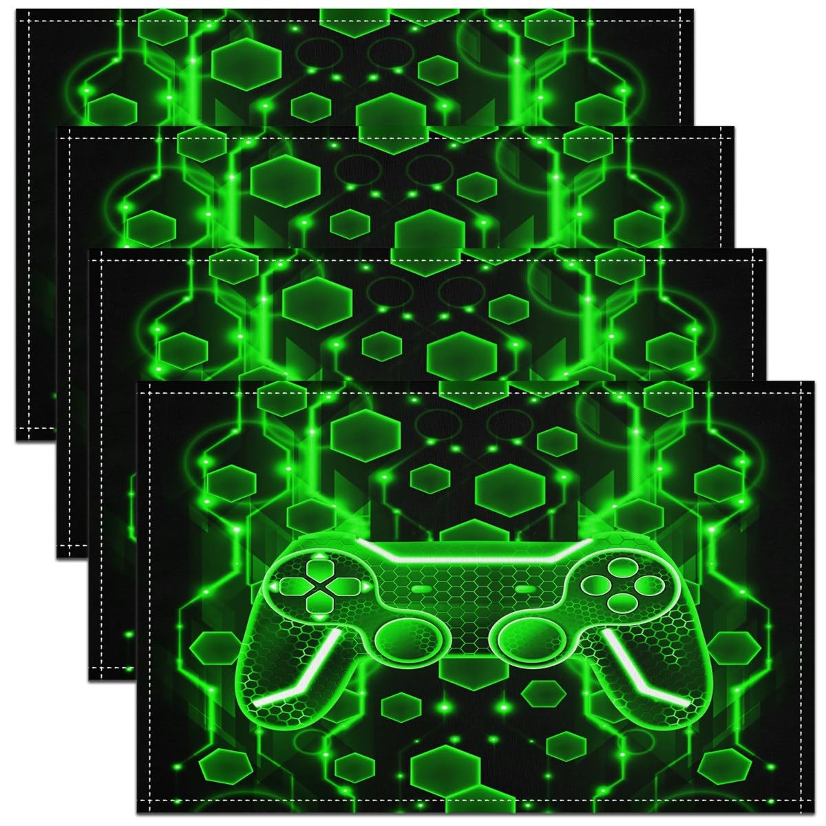 Kids Gamer Table Place Mats Game Controller Placemat 45X30cm Honeycomb Gaming Gifts Washable Fabric Table Mats Placemat Beehive Gamepad Pattern Green and Black Table Mats