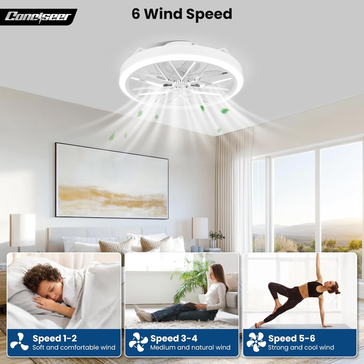 Conciseer Low Profile Ceiling Fan with Lights, 20 Inch Ceiling Fan with Light and Remote for Bedroom Living Room, 36W 3CCT Dimmable, 7 Blades 6 Speed Reversible Quiet DC Motor, LED 36W, White