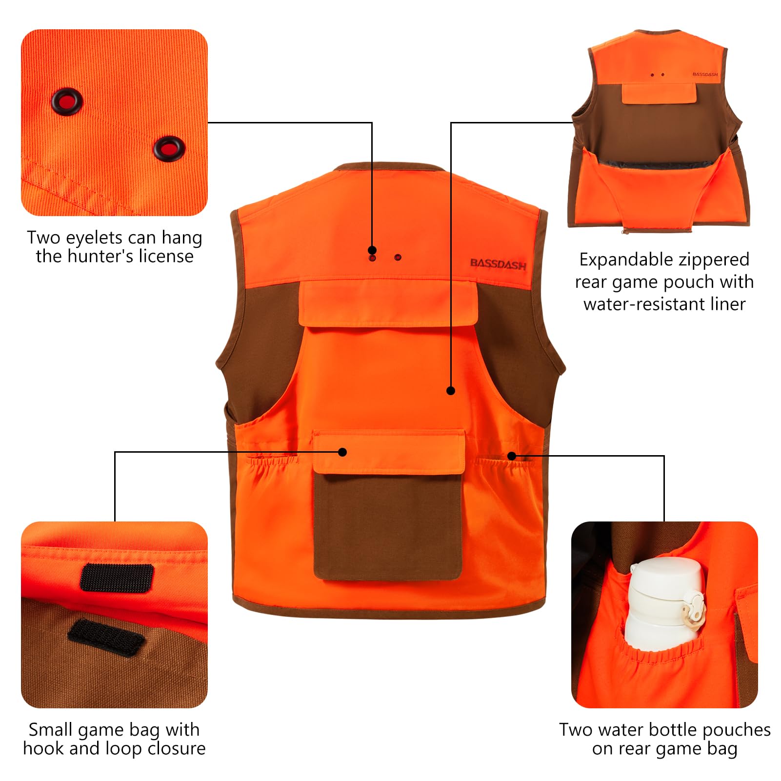 BASSDASH Gilet da caccia per uccelli con tasche multiple, arancione e marrone, resistente all'acqua, antistrappo, per uomini e donne