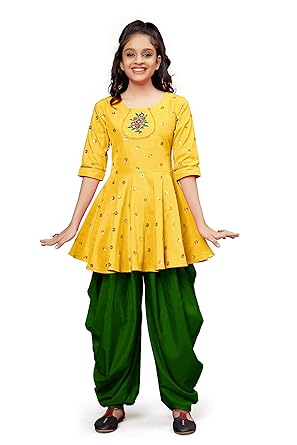 Fashion Dream Girl's Peplum Kurti Top with Dhoti Pant (Pink)