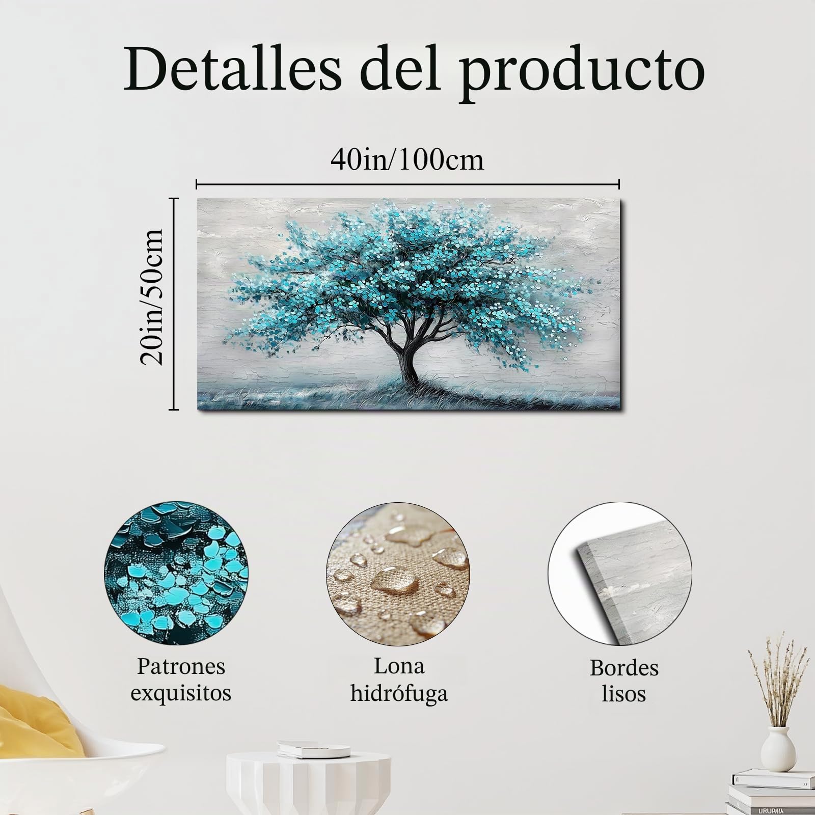 SERIMINO Cuadros Decoracion Árbol Vida Laminas Lienzos Grandes 50x100 cm | Diseño Árbol Tonos Azul Verdoso, Madera Maciza, Impresión Definición, Instalación Sencilla, Múltiples Espacios, Regalo Ideal