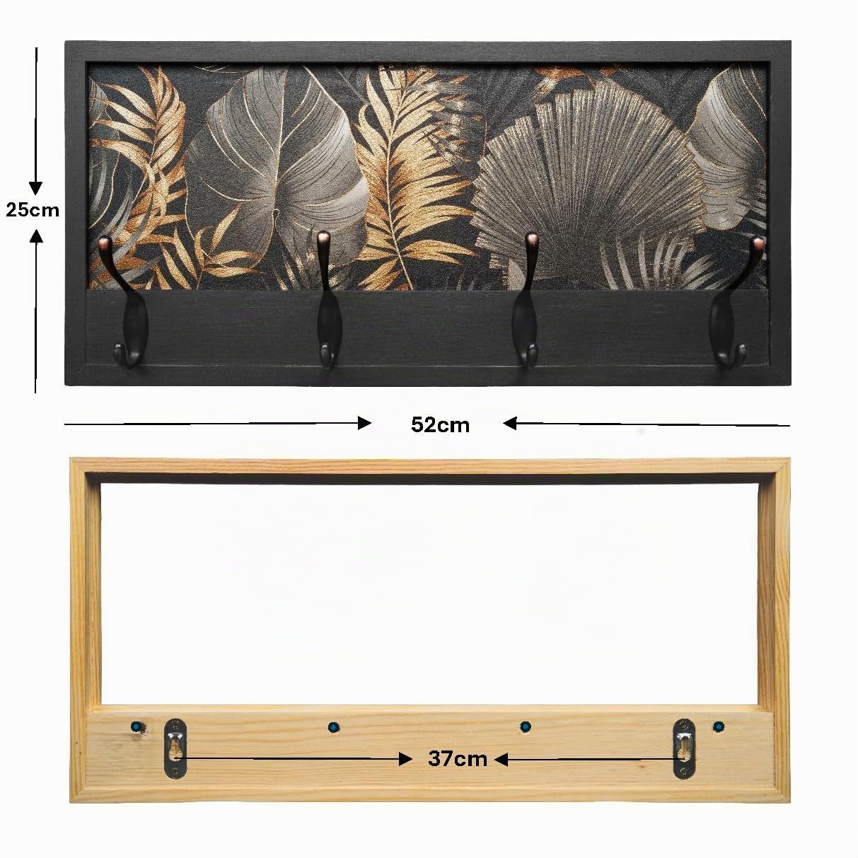 Perchero Pared Madera 52x25cm Jungle Glam Negro 4 Ganchos | Hecho en España. 4 ganchos dobles (8 colgadores) para ropa y abrigos. Ideal para entrada, salón u oficina.