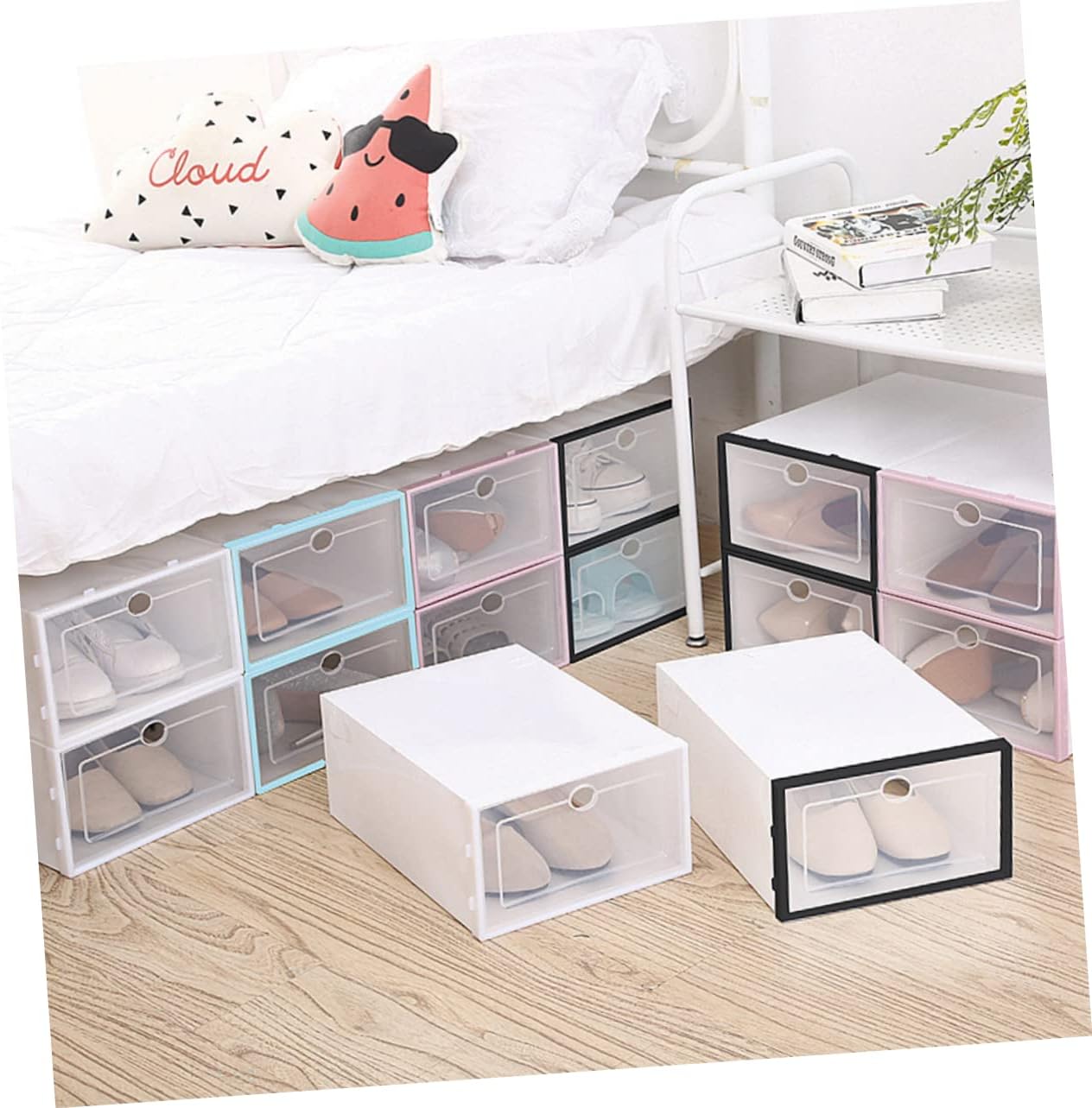 Cabilock 6pcs Stackable Shoes Storage Boxes for Men Thickened Shoe Cubby Small Boxes Lid for Organizing Space-saving for Dorm Rooms
