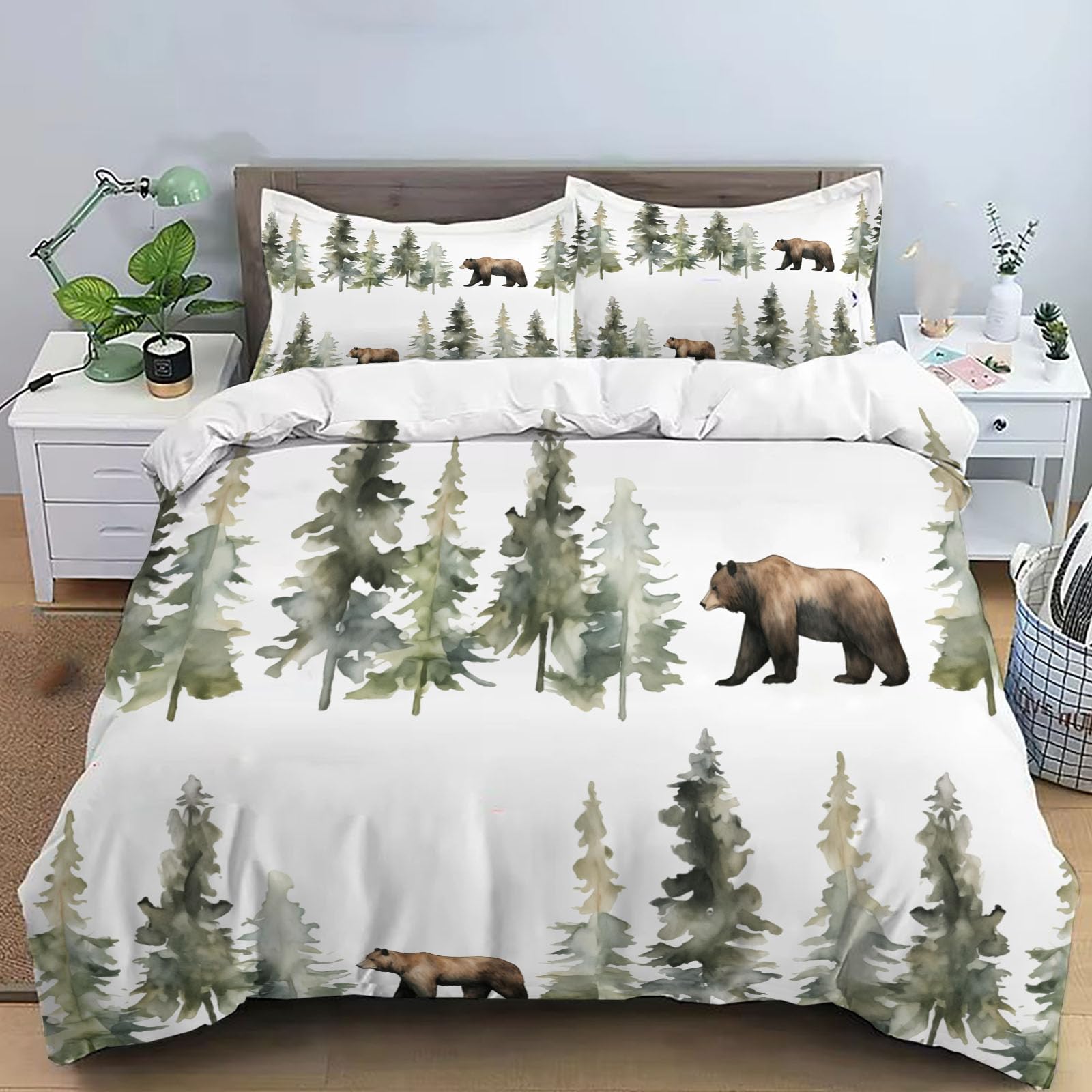 Housse de couette 140x200cm animaux des bois en microfibre crème pour lit 1 personne