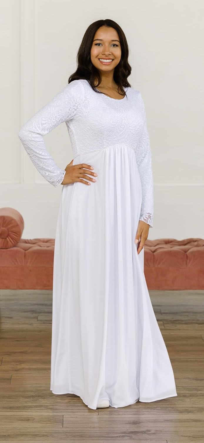 Women's Modest White Full Length Long Sleeve Special Occasion Dress with Lace Bodice and Empire Waist