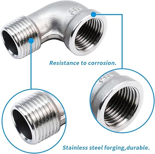 Miniatura 5 de 2 unids 304 acero inoxidable 90 grados codo 38 "NPT roscado tubería hembra x macho