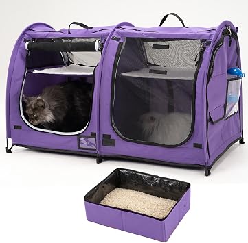 Mispace Portable Twin Compartment Showhouse Cat Cage/Condo - Folding & Easy Carry Dog Kennel - Comfortable Puppy House and Dog Travel Crate with Portable Carry Bag, 2 Hammock, 2 Mats and Folding