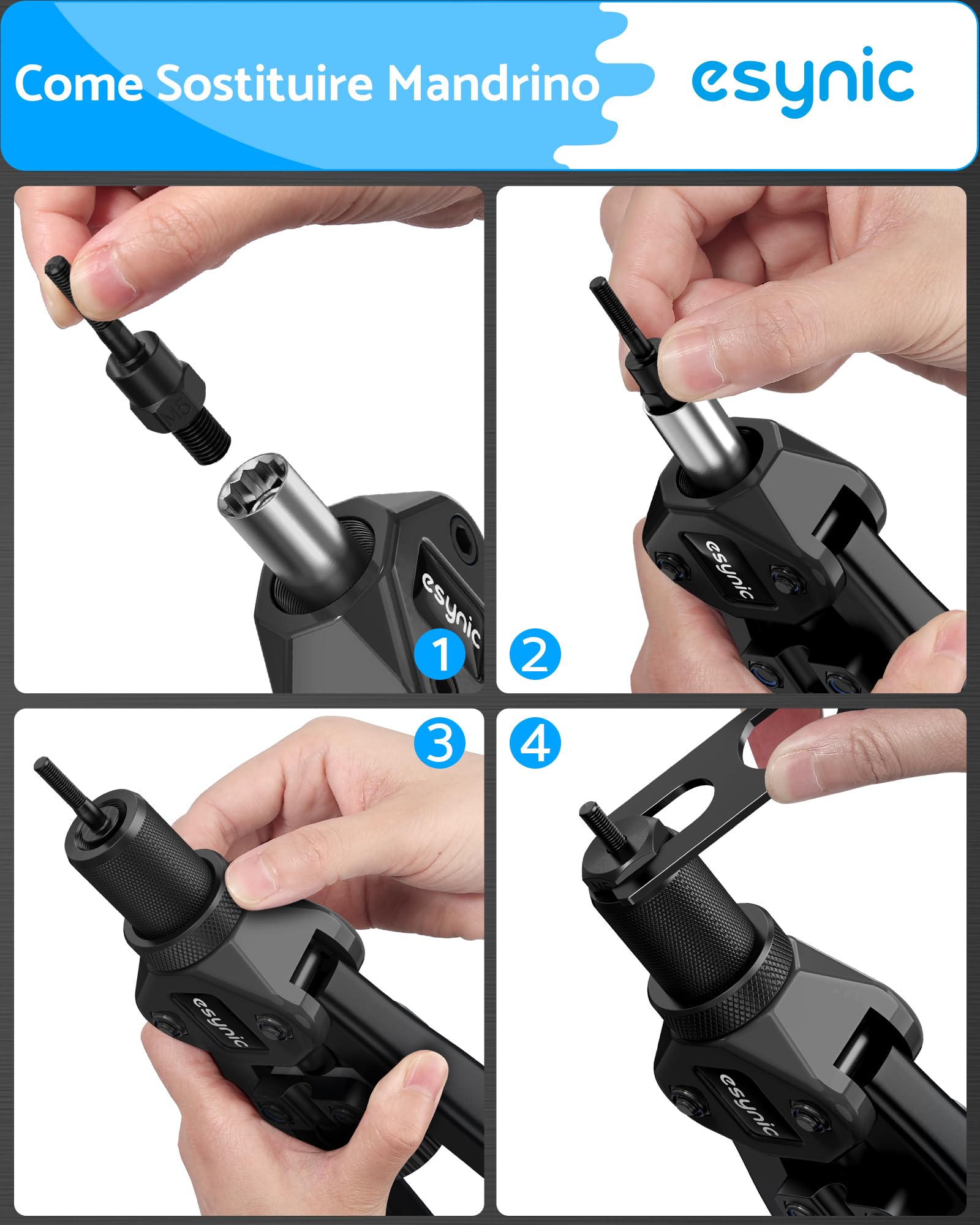 eSynic 13" Pistola per Rivetti Manuale con Manico Ergonomico, 7 Mandrini Intercambiabili M3 M4 M5 M6 M8 M10 M12, 100 Dadi e Valigetta, Rivettatrice per Assemblaggio Riparazioni Manutenzione - Nero