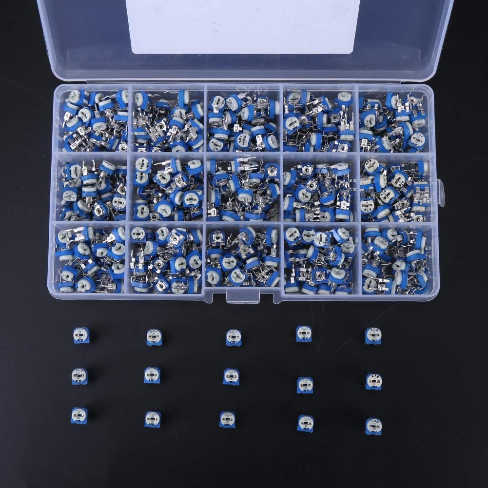 Variable Resistor Set 15 Values 100ohm-1Mohm Trimmer Potentiometer Assortment Kit with Box, 375pcs