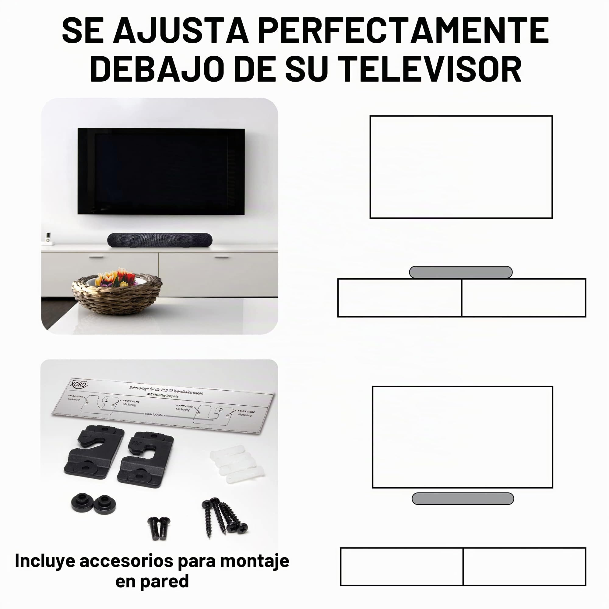 XORO Altavoz estéreo para televisión HSB 70 con Bluetooth, 60 W de Potencia de Salida, AV IN, HDMI ARC, Reproductor Multimedia USB 2.0, Incluye Soporte de Pared, Mando a Distancia por Infrarrojos