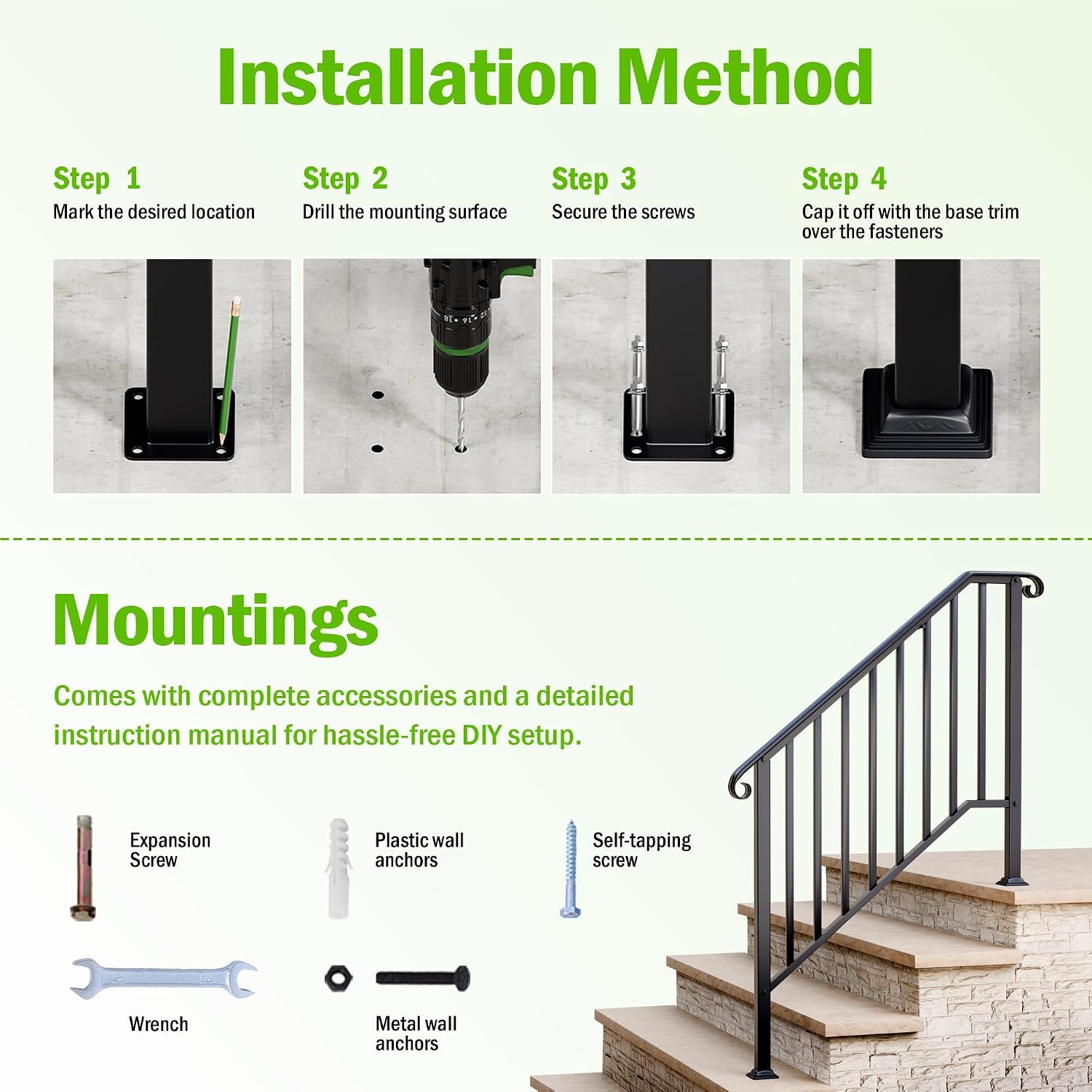 2 Pack 4 Step Handrails for Outdoor Steps, Fit 3 or 4 Steps Outdoor Stair Railing for Concrete Steps, Black Wrought Iron Railing, Exterior Hand Railing for Steps Adjustable Metal Hand Rails for Deck
