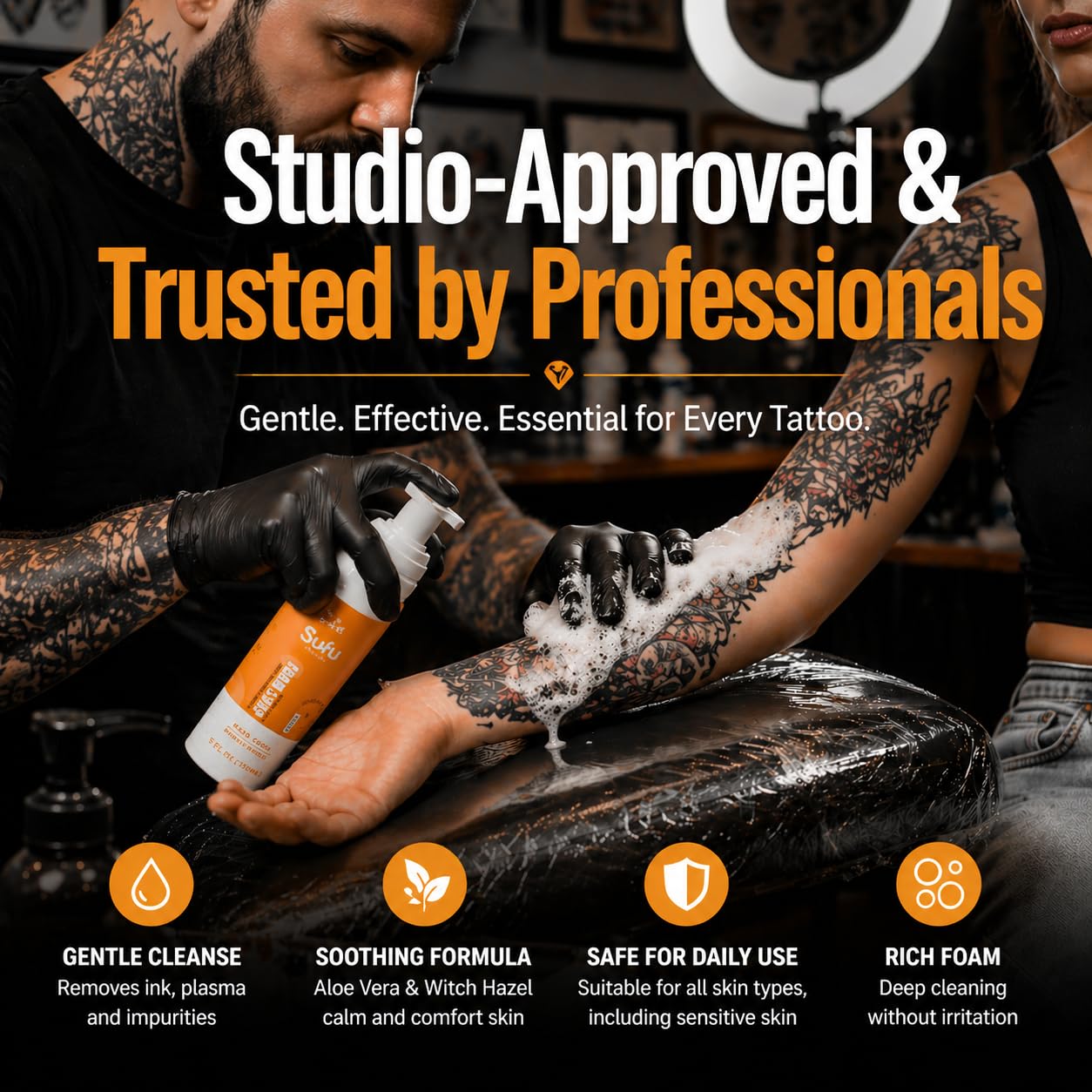 Tattoo Foam Soap, Tattoo Aftercare Soap 5oz, Cleanser for Piercing & Tattoo, Fast-Rinsing, No Residue, pH-Balanced, Unscented, Vegan