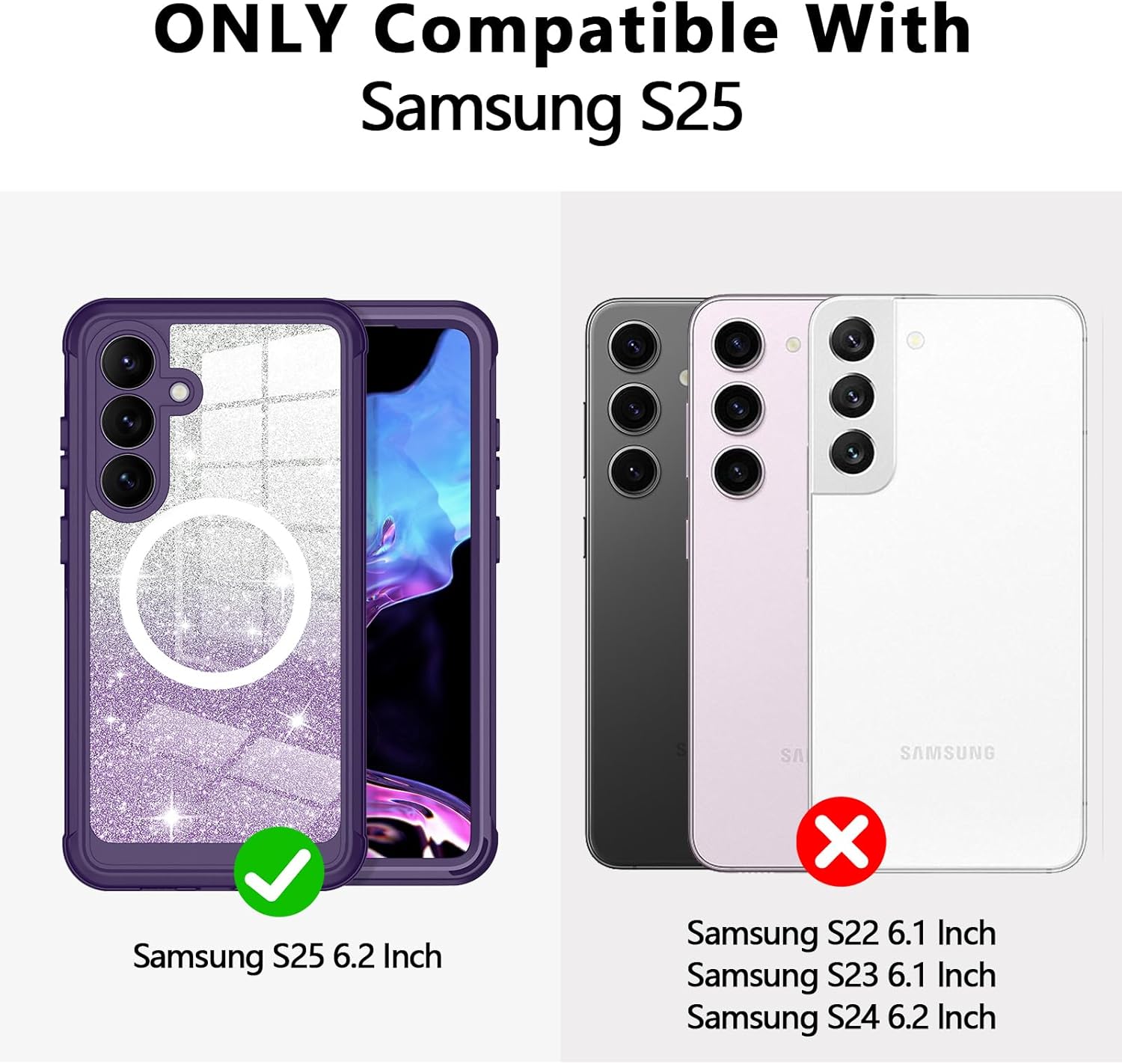 for Galaxy S25 Case,Compatible with MagSafe,Magnetic Glitter Case Built-in 9H Tempered Glass Screen Protector,Shockproof Protective Case for Samsung Galaxy S25,All Purple