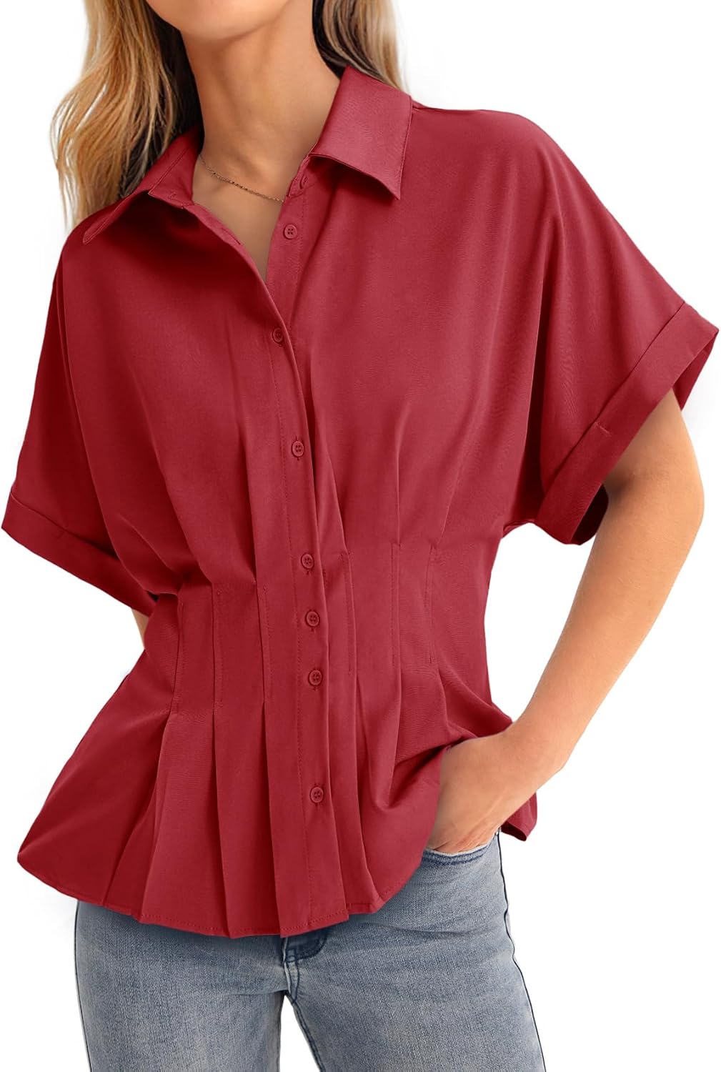 Cicy Bell Womens Pleated Button Down Blouse Summer Cuffed Short Sleeve Peplum Tops Casual Dressy Fitted Waist Shirts