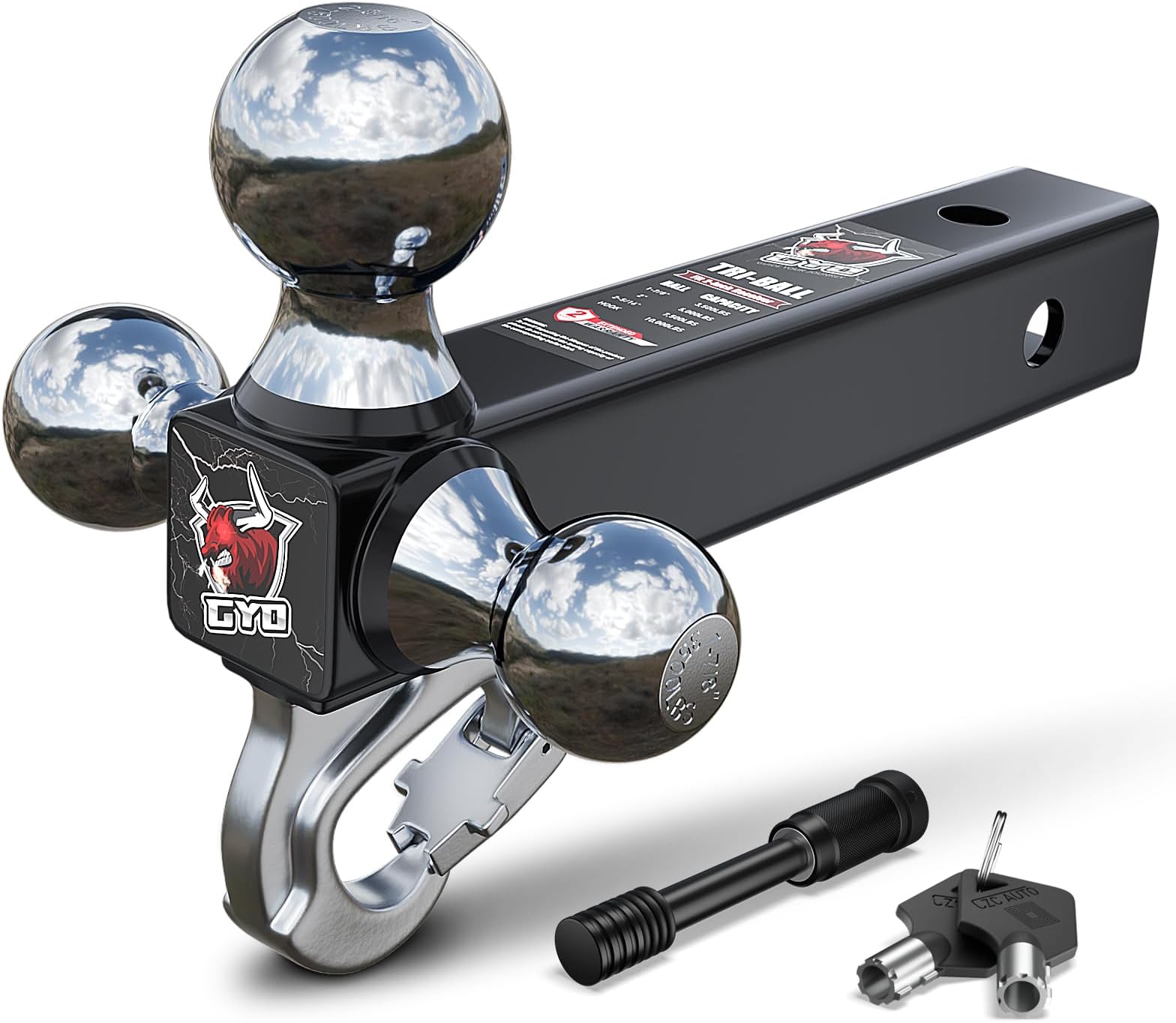 GYO Trailer Hitch Ball Mount with Hook, Fits 2 inch Hitch Receiver,1-7/8", 2", 2-5/16" 10,000 LBS GTW Matt Chrome Ball Hitch with pin Lock, Tow Hitch for SUV, ATV, RVs and Truck, Camping and Off-Road